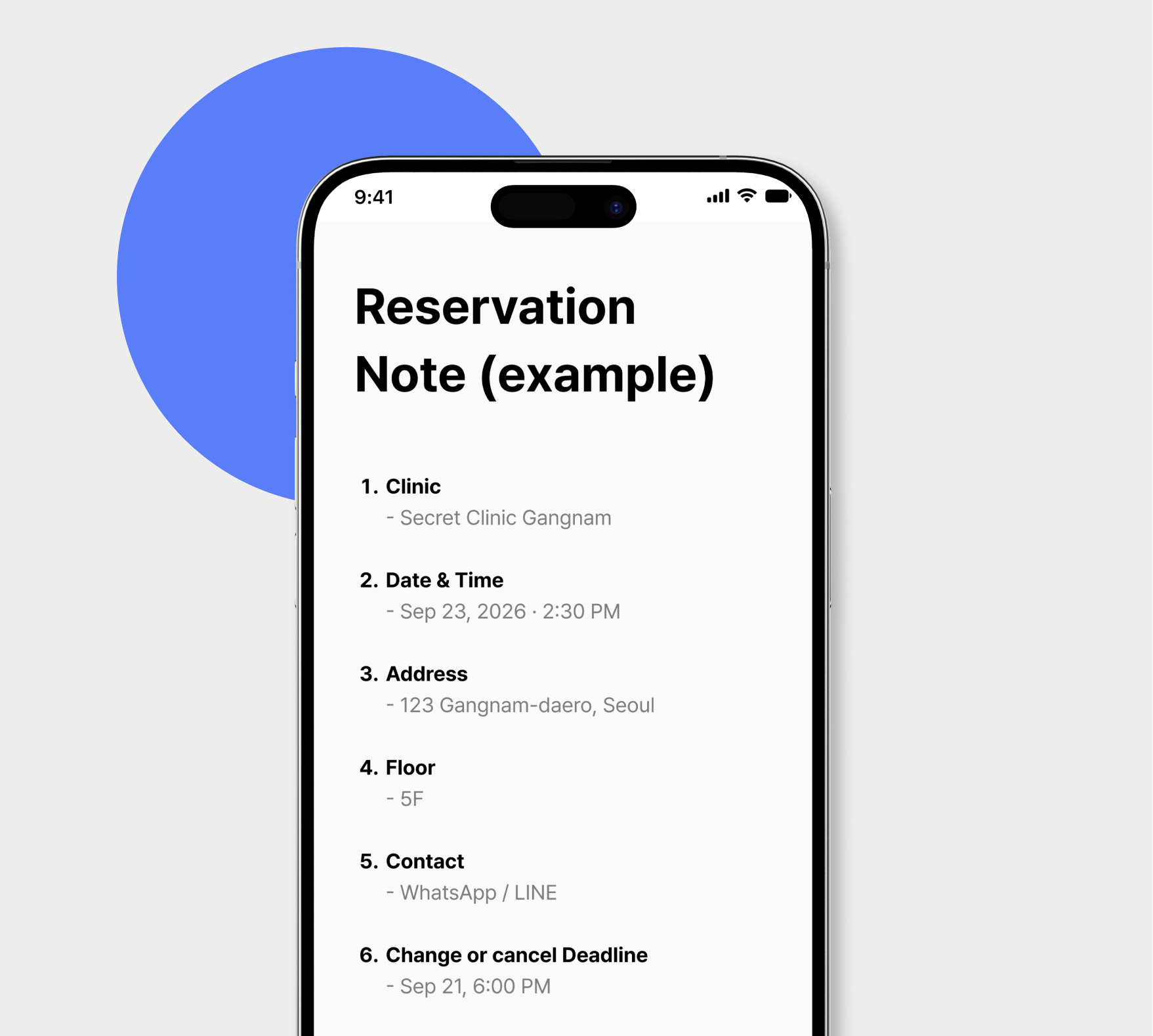 A sample booking confirmation note laid out like a phone screen