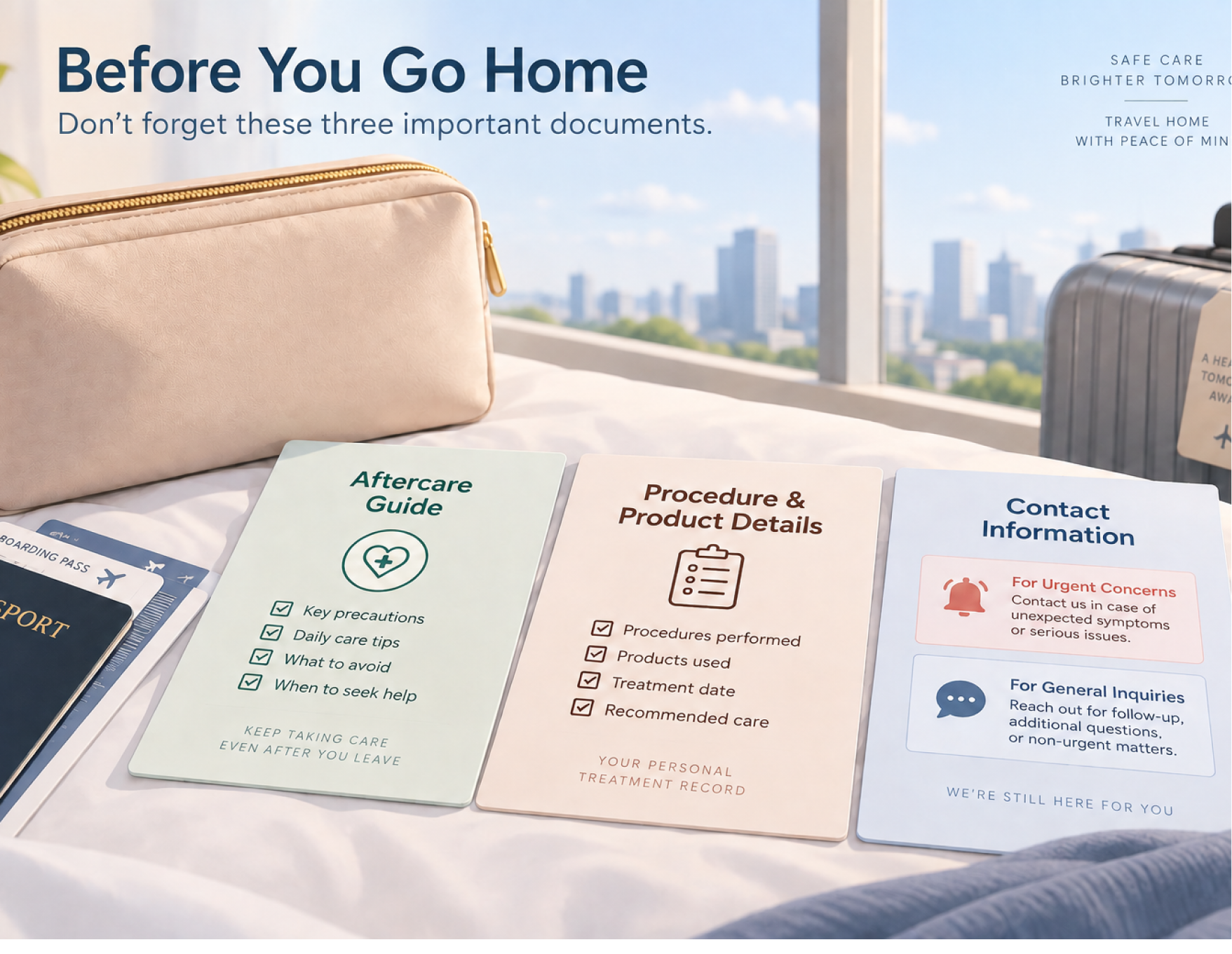 An illustration of three documents to collect before flying home, placed beside a travel pouch